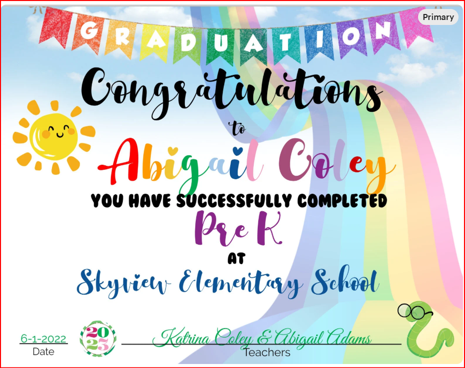 Graduation Certificate - Grade School PreK, Kindergarten, First Grade, Second Grade, Third Grade, Fourth Grade