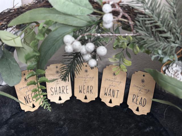 Set of 5 Modern Christmas Gift Tags- Personalized- Something you Need - Share - Wear - Want - Read