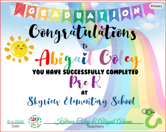 Graduation Certificate - Grade School PreK, Kindergarten, First Grade, Second Grade, Third Grade, Fourth Grade