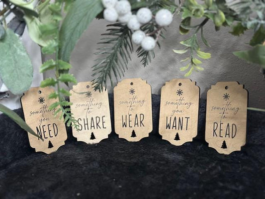 Set of 5 Modern Christmas Gift Tags- Personalized- Something you Need - Share - Wear - Want - Read